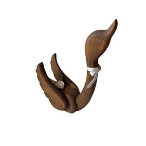 Hand Carved Wooden Swan Figurine Brown Wood Bird Folk Art Decor 4.5" Vintage
